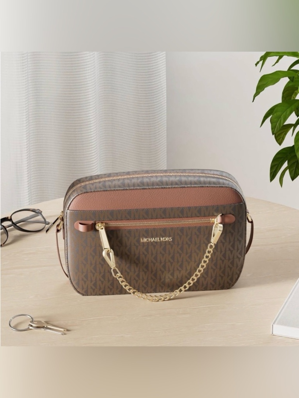 Michael Kors Brown/Tan Gold Tone Hardware Jet Set Large Logo Crossbody Bag - Picture 4 of 12